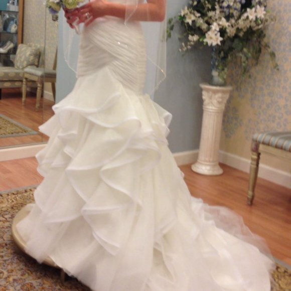 SAMPLE Ivory Wedding Dress, Sexy Blingy Ruffle Strapless Mermaid Fit & Flare - Picture 2 of 6
